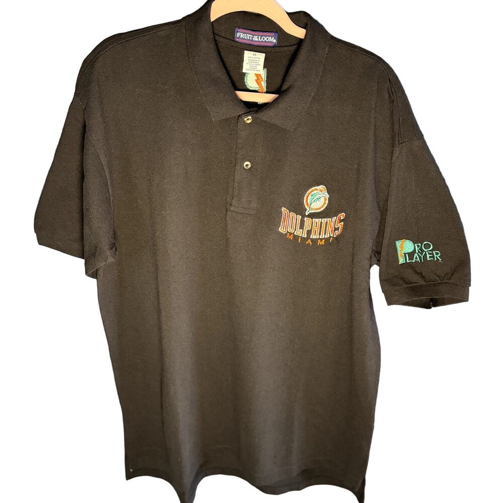 VINTAGE MENS FRUIT OF THE LOOM MIAMI DOLPHINS XL PRO PLAYER BLACK POLO SHIRT